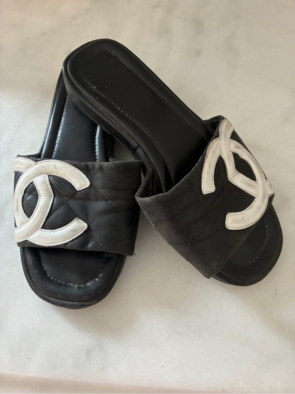 CHANEL Black Quilted Slide Sandals with White CC Logos